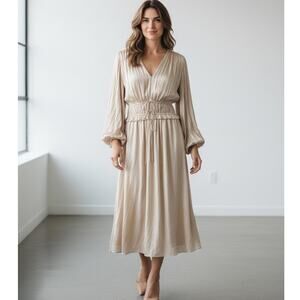 Elie Tahari Beige Gathered Satin Midi Dress Balloon Sleeve Size M